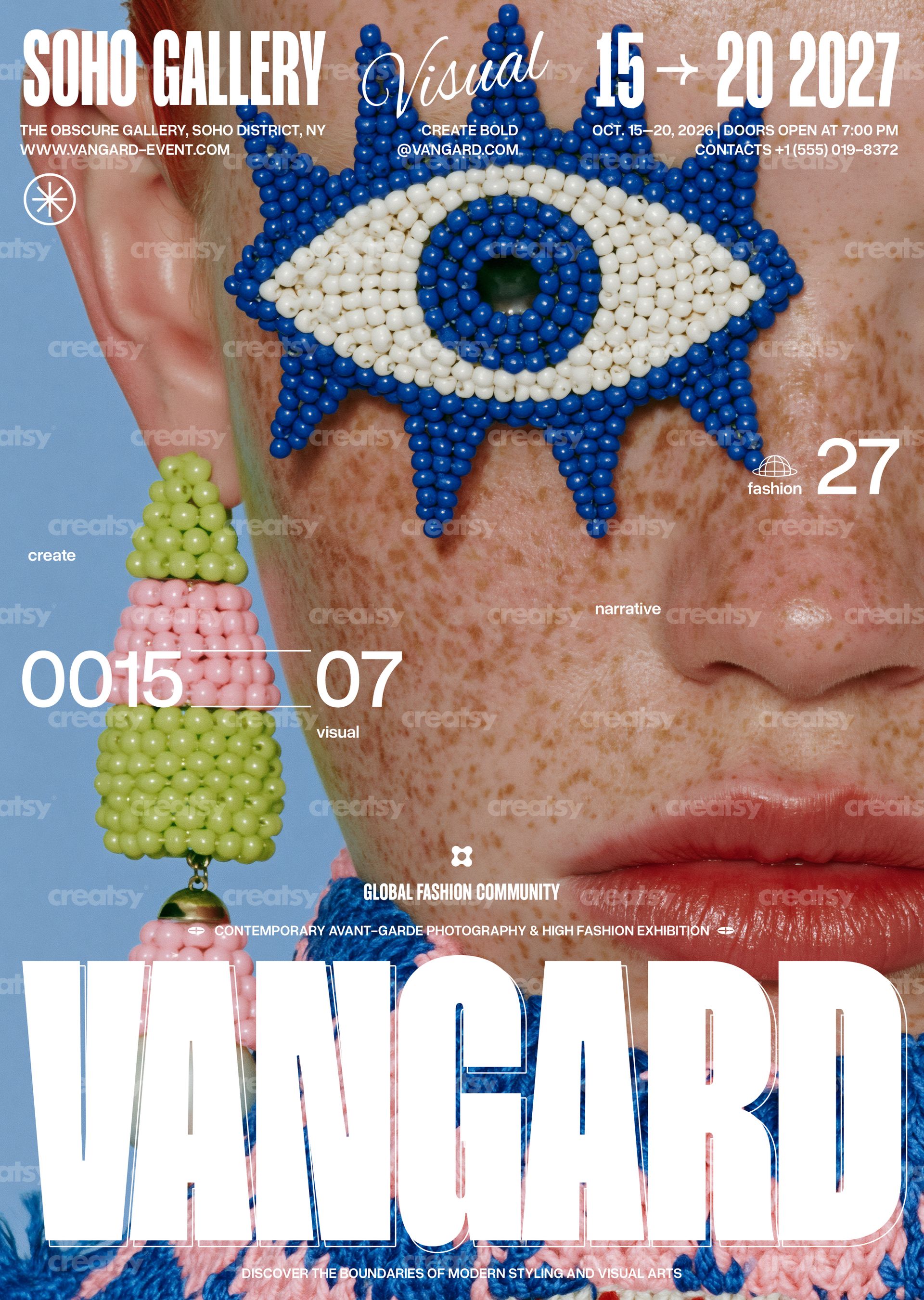 Front view of a fashion exhibit poster mockup featuring a close-up of a face with colorful beaded designs and bold text.