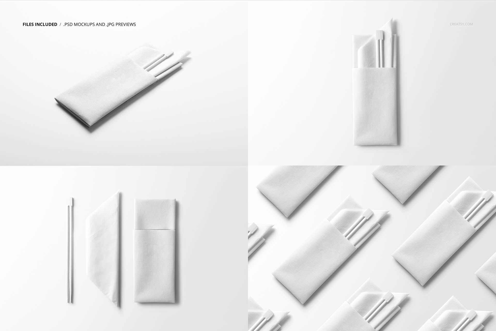 Chopsticks and napkins displayed in multiple positions, featuring minimalist white props on a bright surface, PSD mockup.