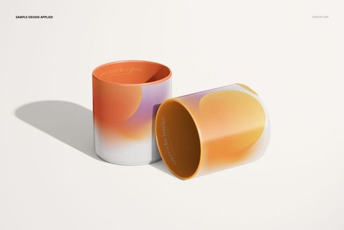 Pair of handleless mugs with rounded edges, decorated in soft orange and purple hues, shown in a realistic mockup scene.