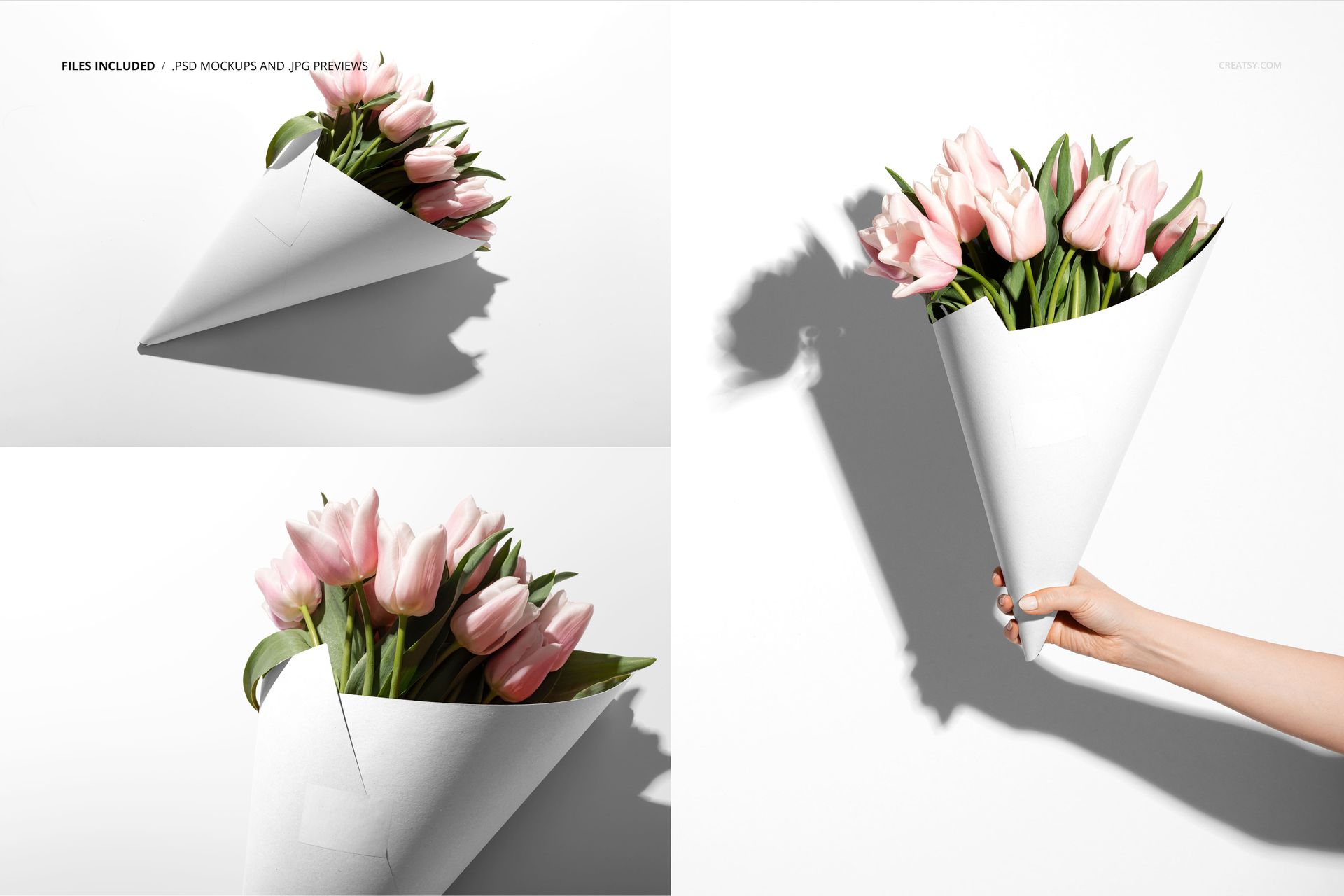 White paper cone packaging mockup holding pink tulips, shown from multiple angles on a bright background.