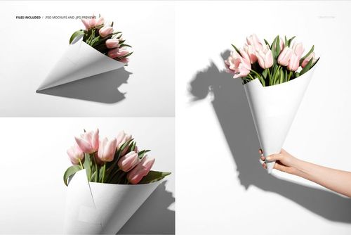 White paper cone packaging mockup holding pink tulips, shown from multiple angles on a bright background.