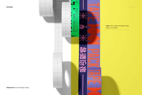 Mockup of custom packaging tape rolls featuring grid and vibrant patterns, shown from a top-down perspective.