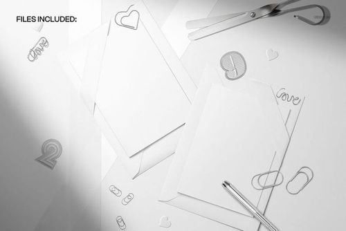 PSD mockup featuring blank stationery cards, envelopes, and decorative paper clips in a minimalist workspace scene.