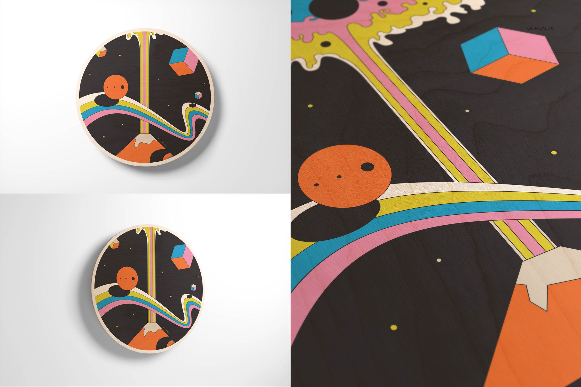 Round plywood wall art mockup featuring a colorful abstract design with planets and geometric shapes on a dark background.