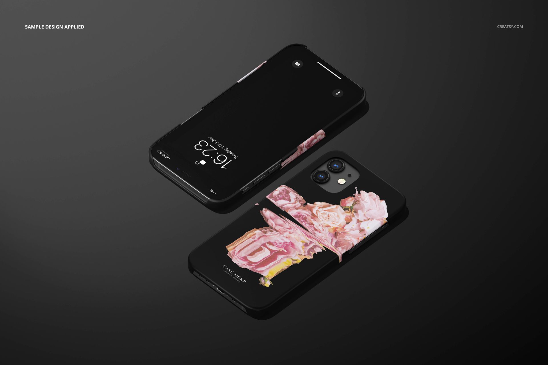iPhone 12 matte snap case mockup featuring pink floral designs, displayed in flat lay and angled perspectives.