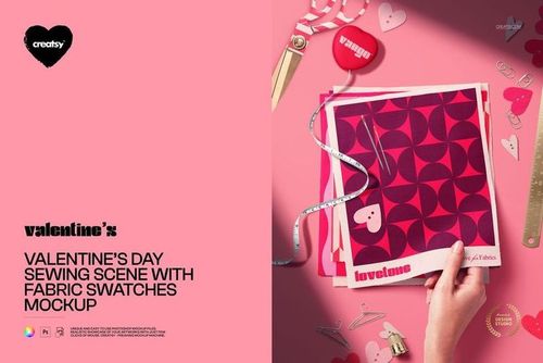 Valentine’s Day PSD mockup featuring fabric swatches, scissors, measuring tape, and decorative heart elements on a pink background.