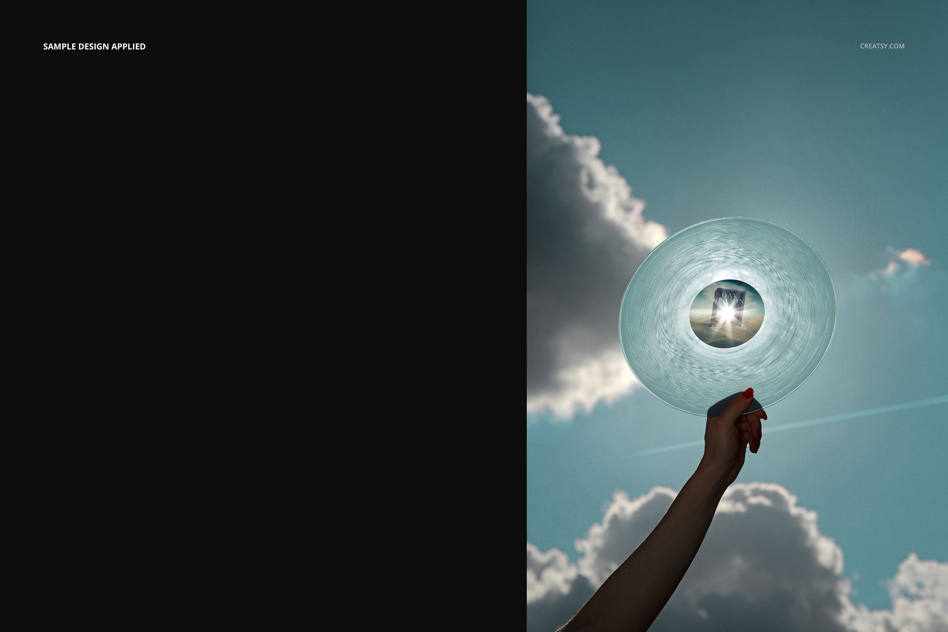 Translucent vinyl record mockup held up to the sky, with sunlight shining through and clouds in the background.
