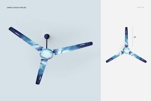 Ceiling fan mockup with three blades, featuring a blue galaxy pattern, shown from a bottom front perspective on a light background.