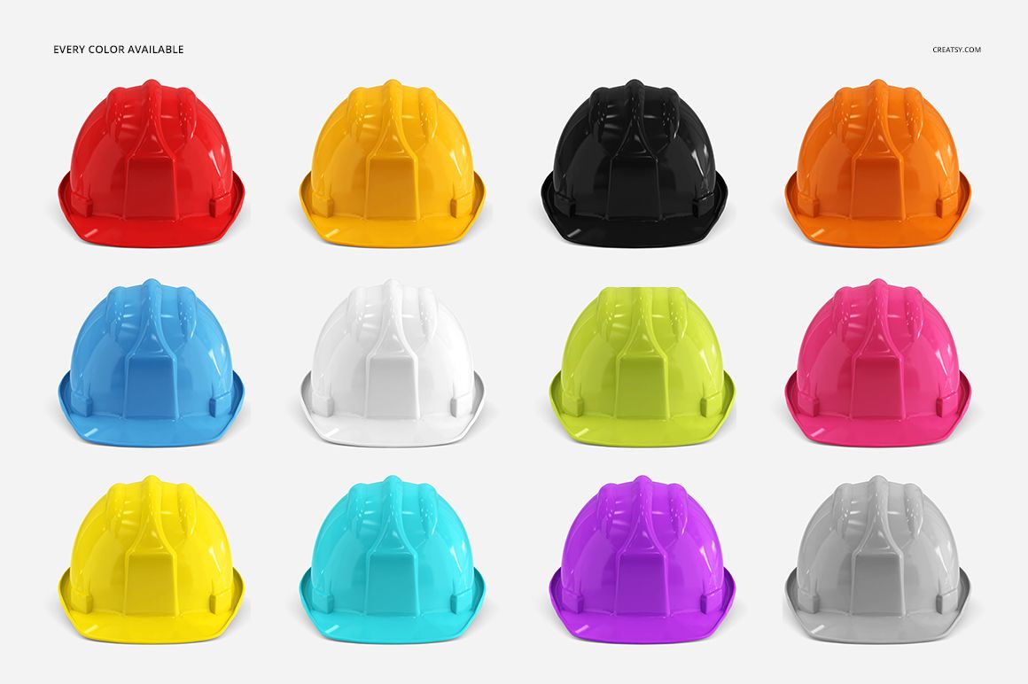 Hard Hat Mockup PSD showing multiple colored safety helmets in a grid layout against a clean white backdrop.