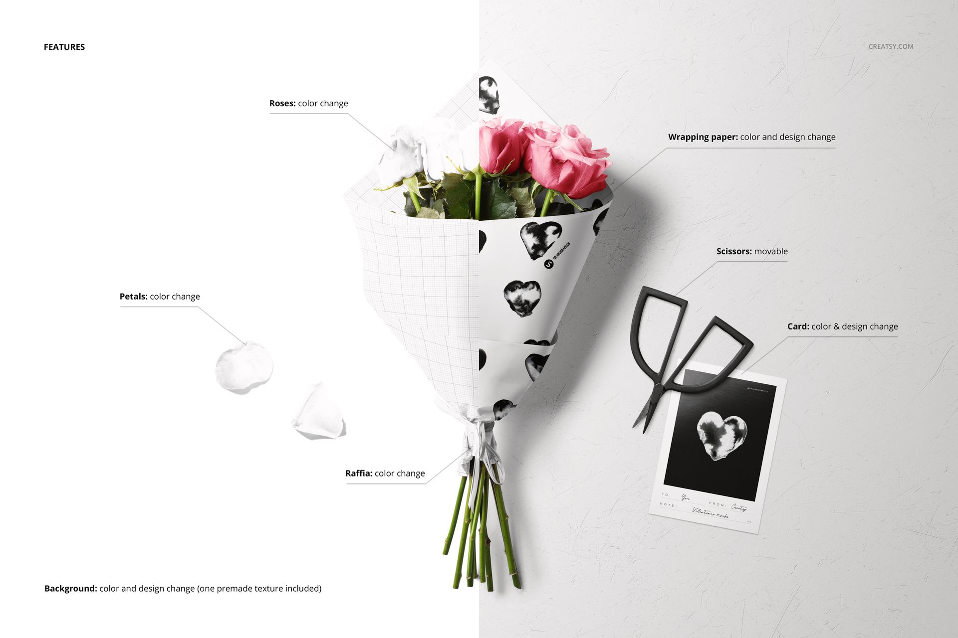 PSD mockup featuring a bouquet of roses in patterned wrapping paper, with a card and scissors on a light surface.