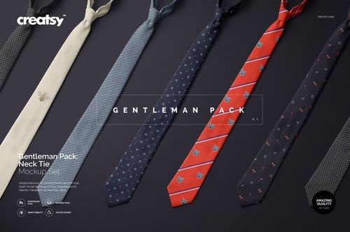 Fashion accessories mockup with five neckties in assorted colors and motifs, laid out in a row, top-down perspective.