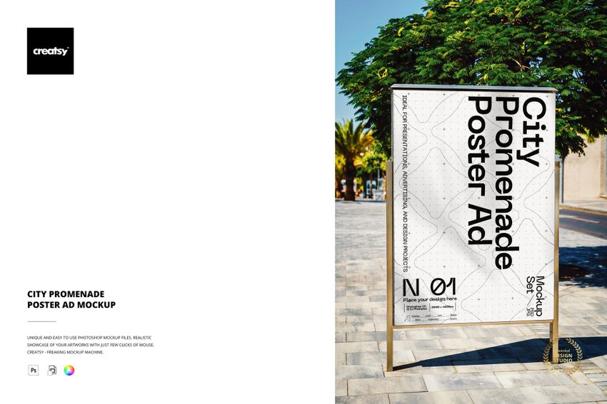 Outdoor advertising poster mockup displayed on a metal stand along a city promenade with palm trees and pavement.