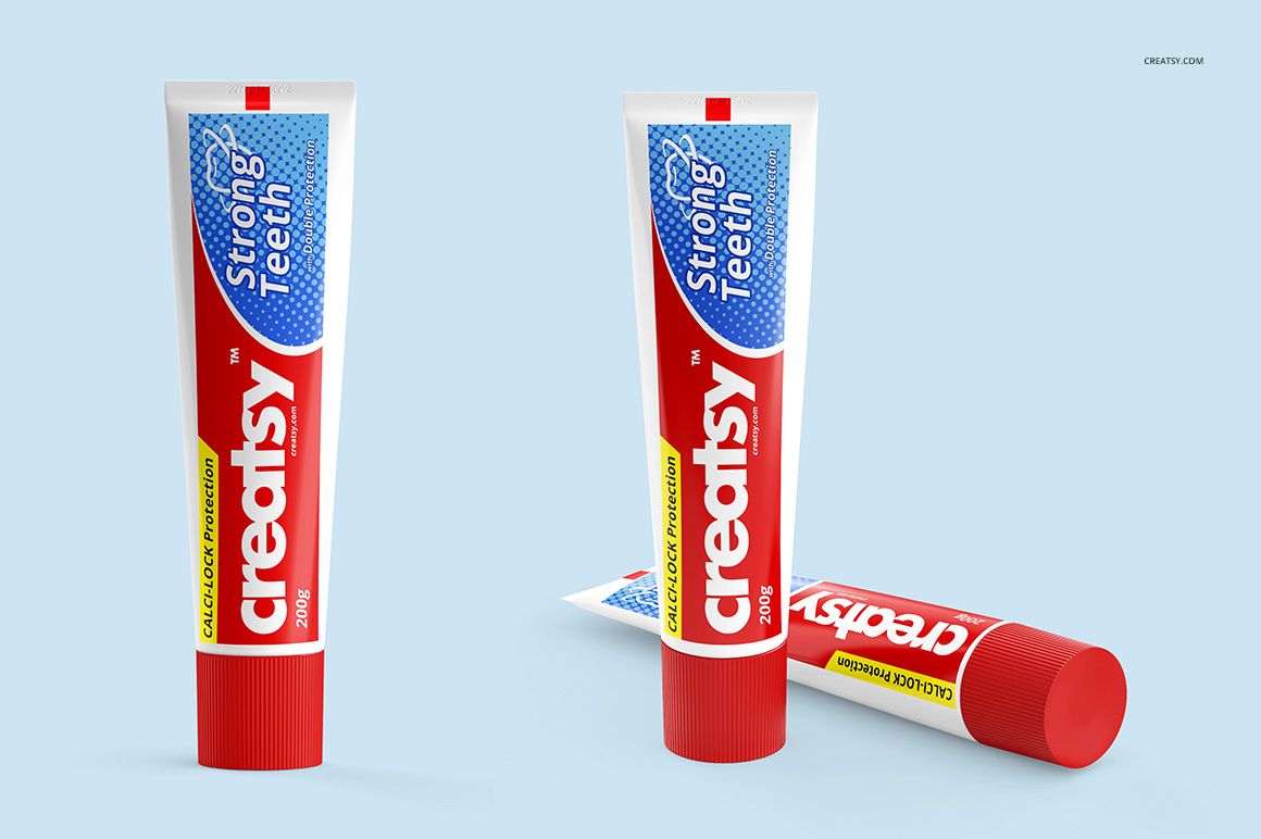 Toothpaste tube mockup set featuring two tubes with bold red and blue graphics, shown from a front and angled view.
