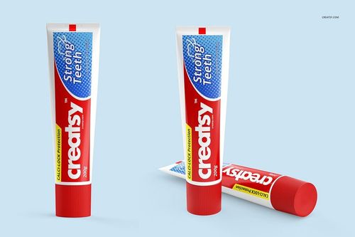 Toothpaste tube mockup set featuring two tubes with bold red and blue graphics, shown from a front and angled view.