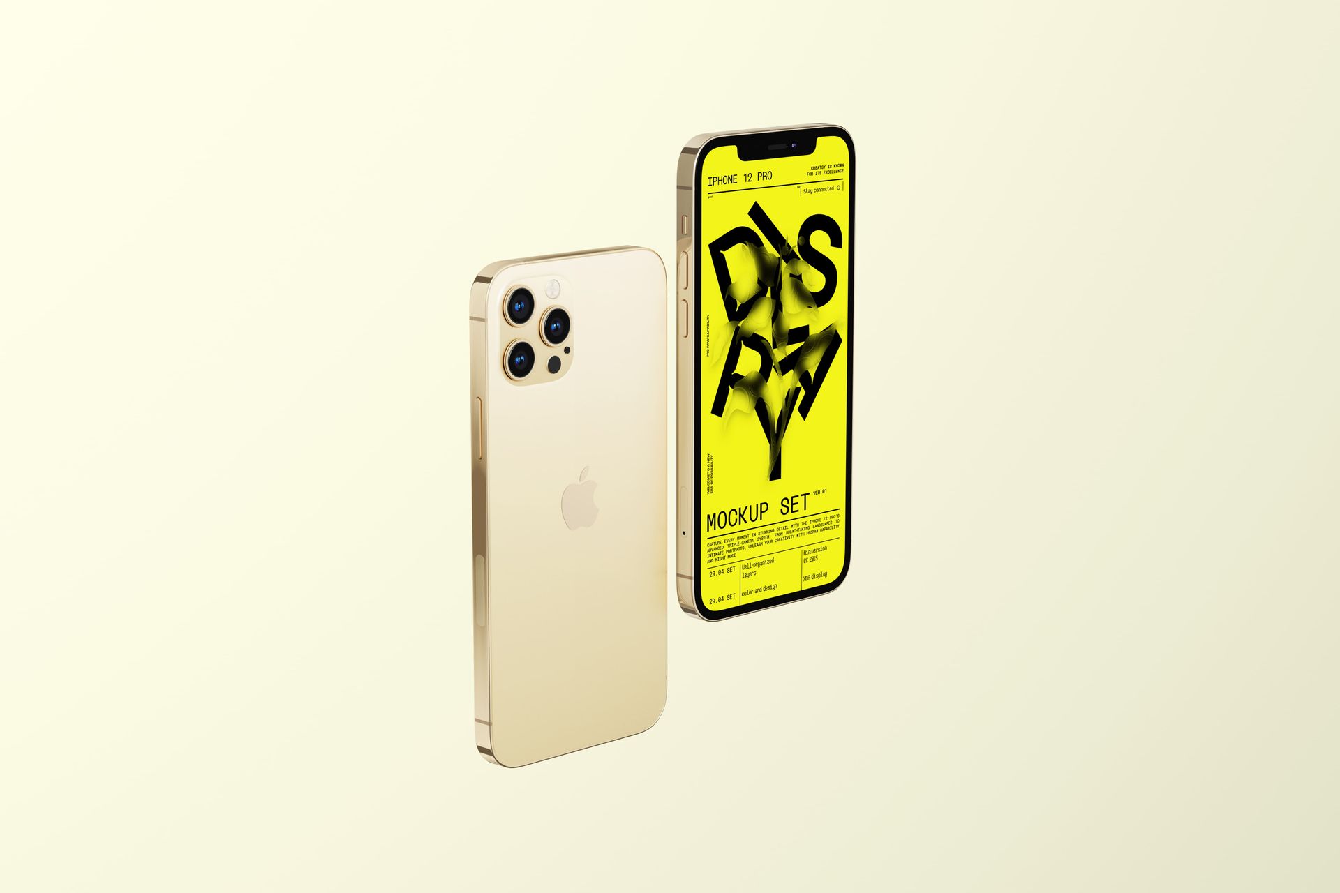 Front and back views of gold iPhone 12 Pro models, one displaying a yellow PSD mockup screen, isolated on pale backdrop.