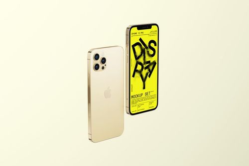 Front and back views of gold iPhone 12 Pro models, one displaying a yellow PSD mockup screen, isolated on pale backdrop.