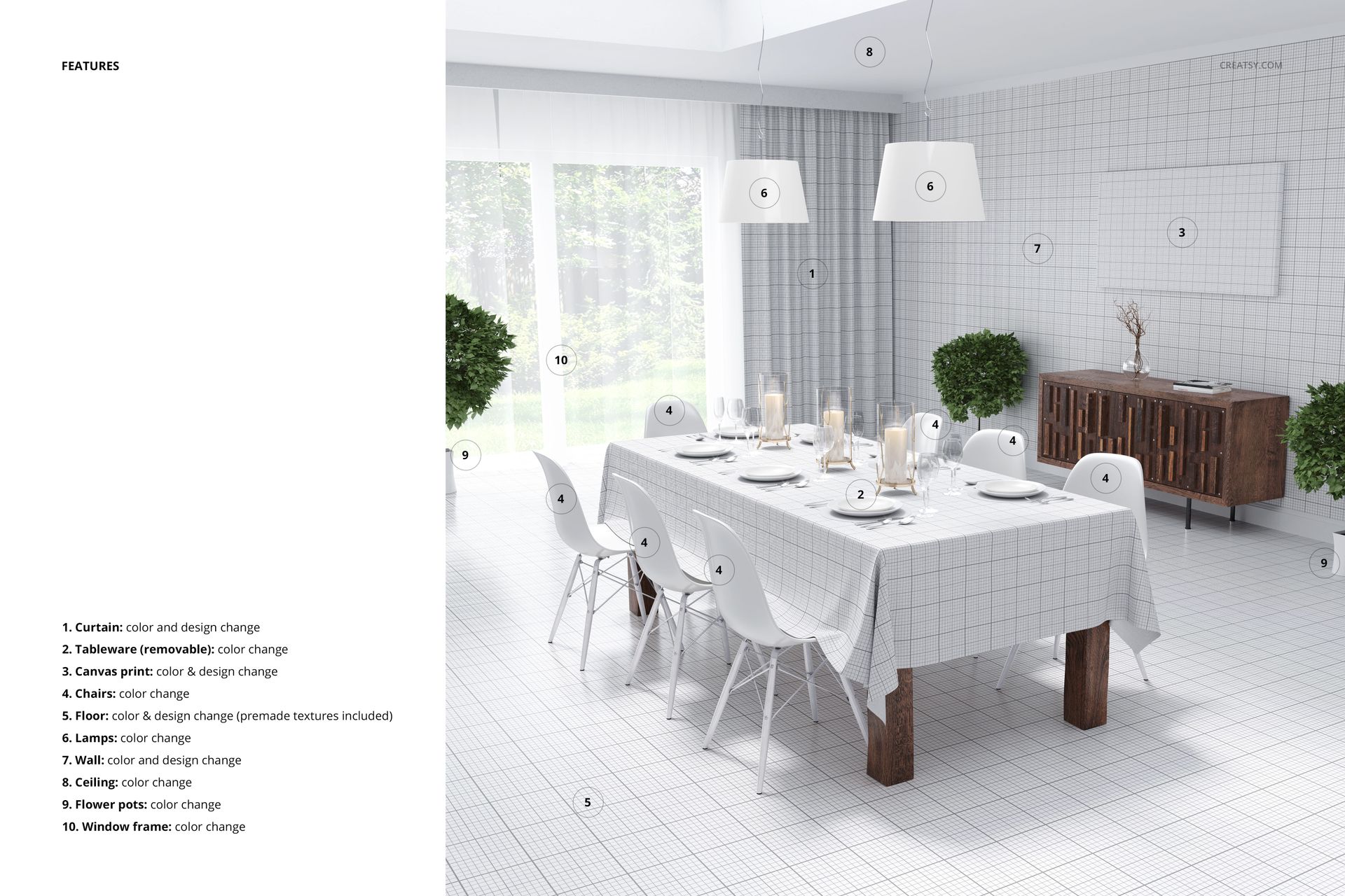Rectangular dining table mockup with a light grid-patterned tablecloth, white chairs, and modern pendant lights above.