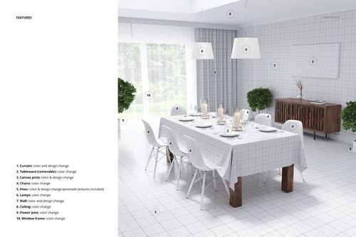Rectangular dining table mockup with a light grid-patterned tablecloth, white chairs, and modern pendant lights above.