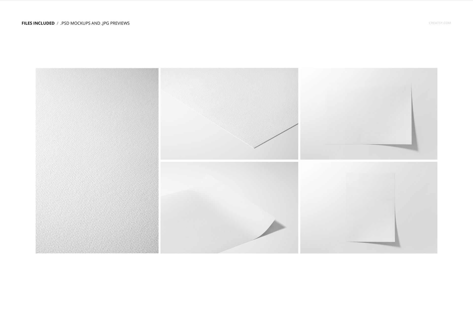 Set of six A3 fine art print mockups showing textured white paper sheets from various angles on a light background.