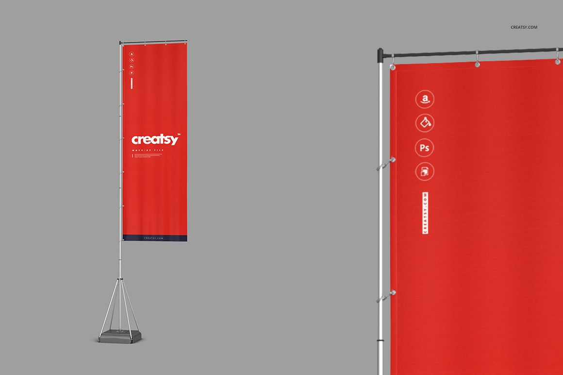 Outdoor flag mockup set featuring a tall, rectangular red flag on a metal stand, shown from front and close-up views.