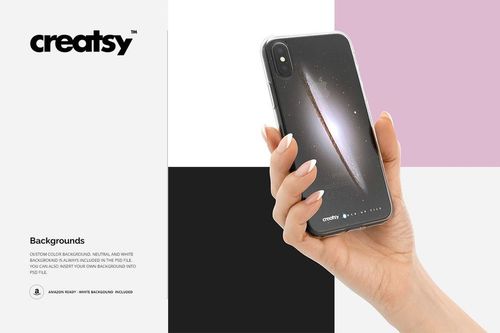 PSD mockup of a black iPhone X in a transparent case with a space-themed print, displayed on color-blocked squares.