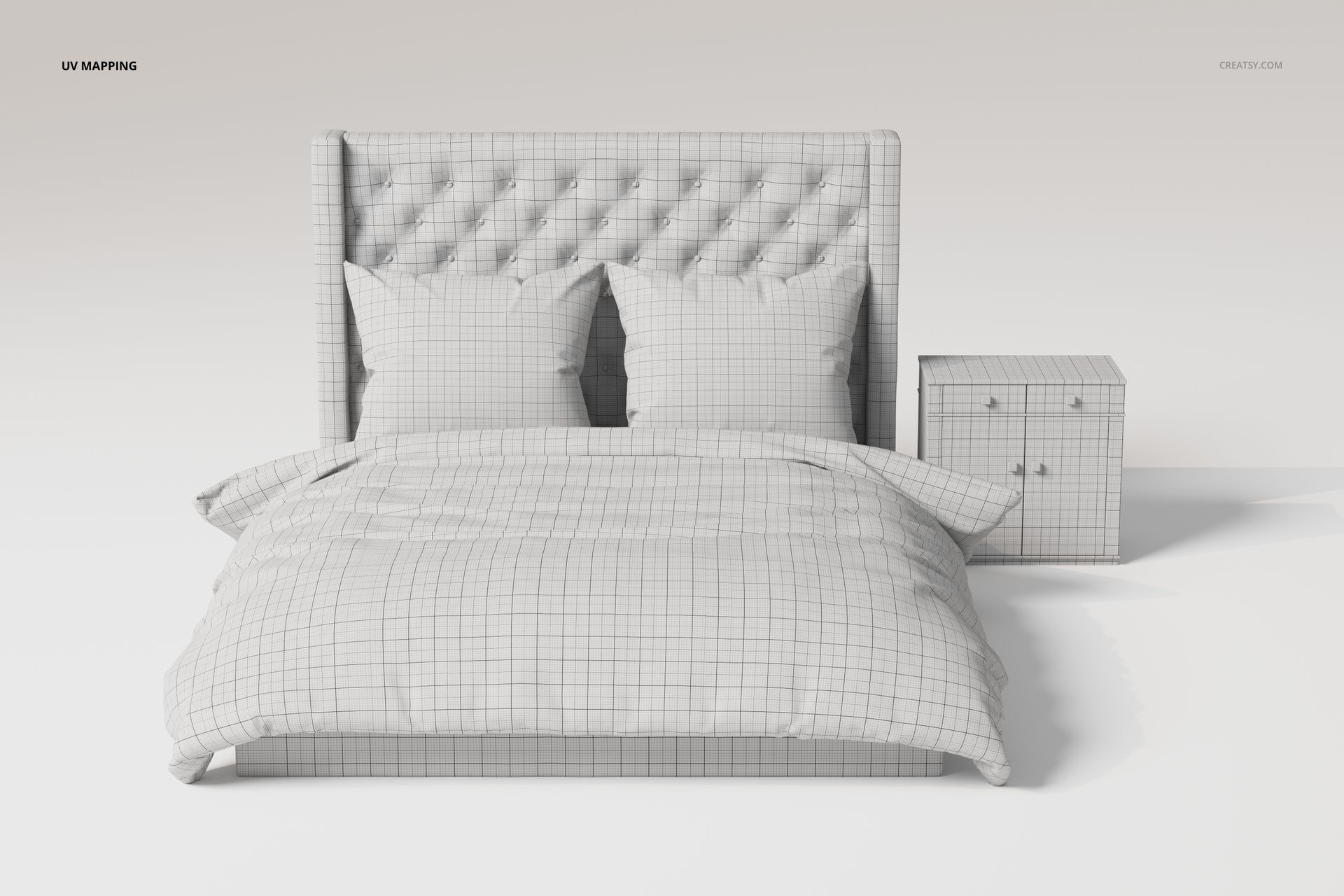 Front view of a tufted panel bed with grid pattern texture and two pillows, next to a matching nightstand.