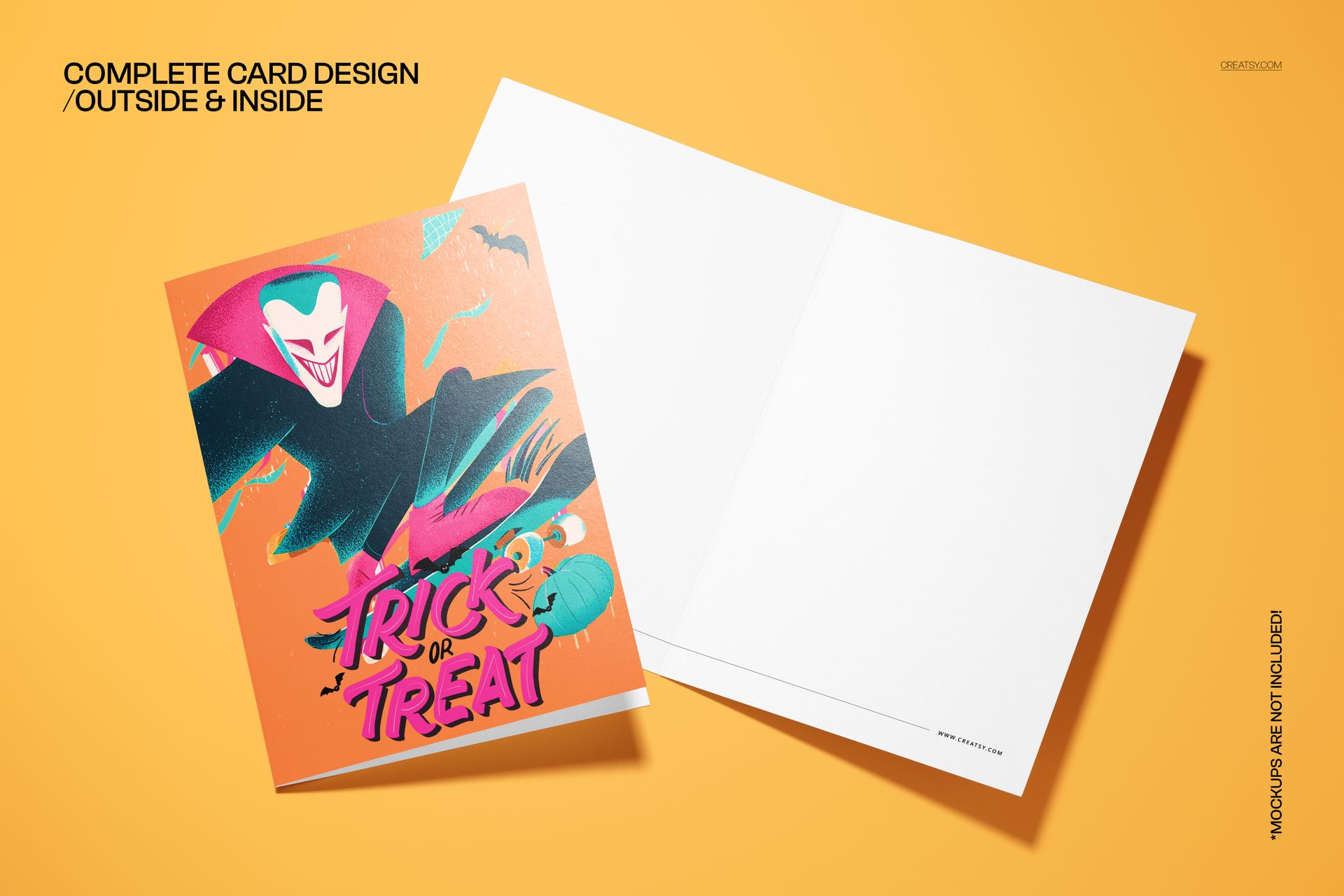 Halloween card mockup with a colorful vampire illustration, bats, and 'Trick or Treat' text, displayed unfolded.