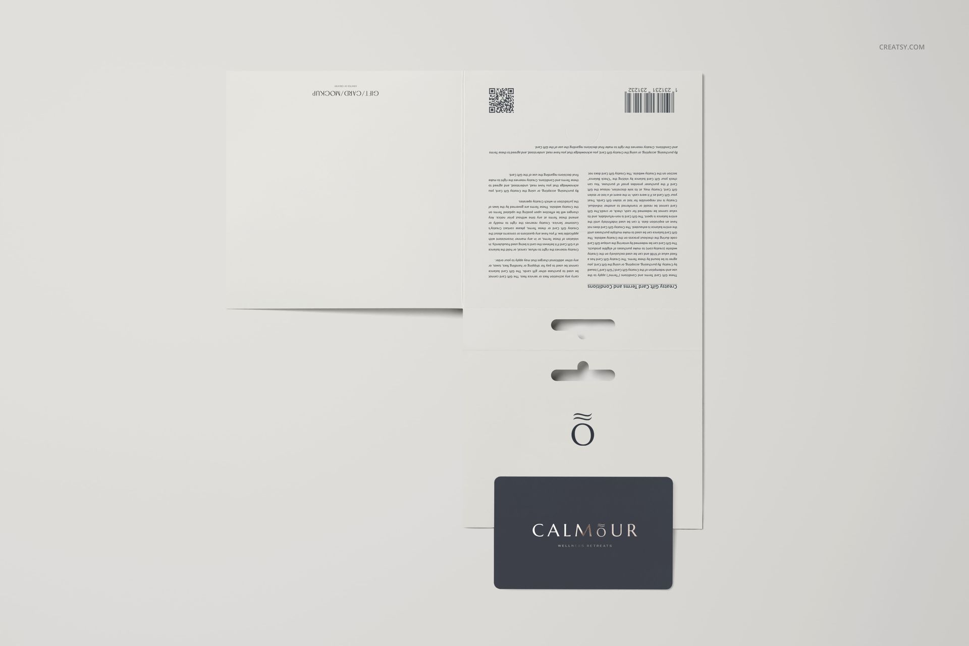 Gift card stationery mockup set featuring a dark card and unfolded packaging on a light background, top view.
