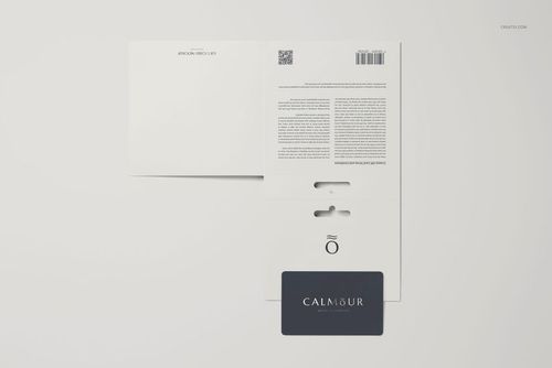 Gift card stationery mockup set featuring a dark card and unfolded packaging on a light background, top view.