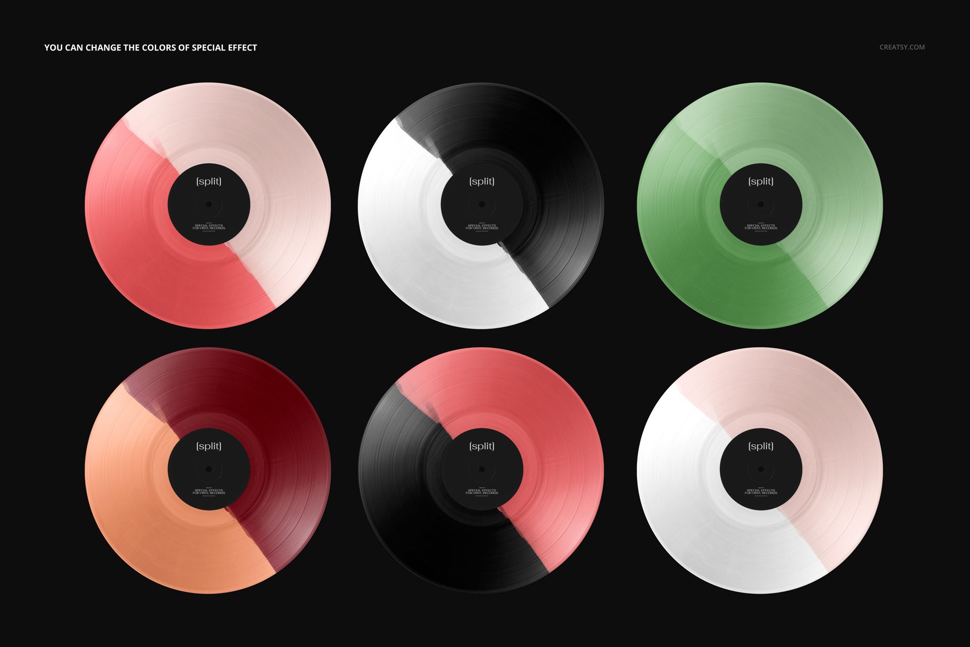 PSD mockup showing six vinyl records with split color patterns, including red, green, black, and peach tones.