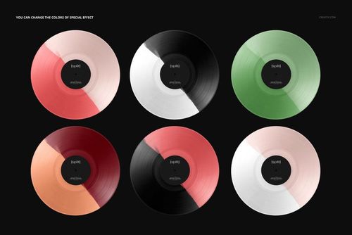 PSD mockup showing six vinyl records with split color patterns, including red, green, black, and peach tones.