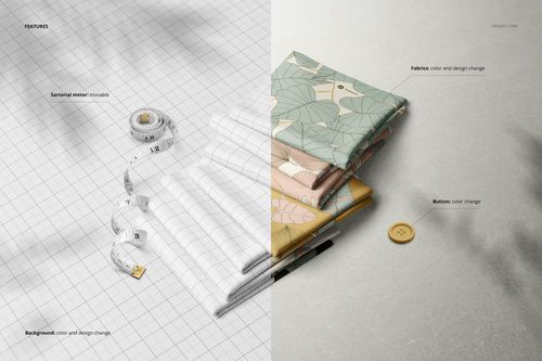 Fabric stack mockup featuring folded textiles in soft colors and leaf patterns, shown from a top-down perspective.