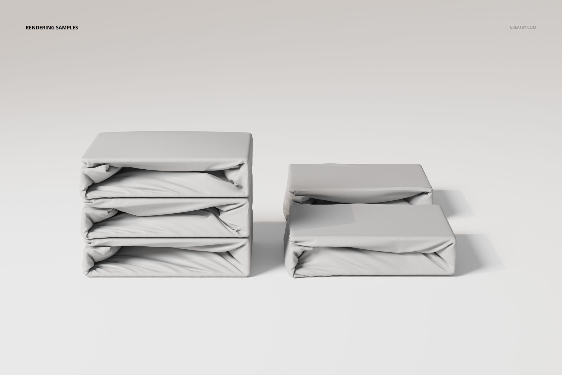 Stacked fitted bedsheet sets in light gray color displayed on a plain surface, viewed from a front angle.