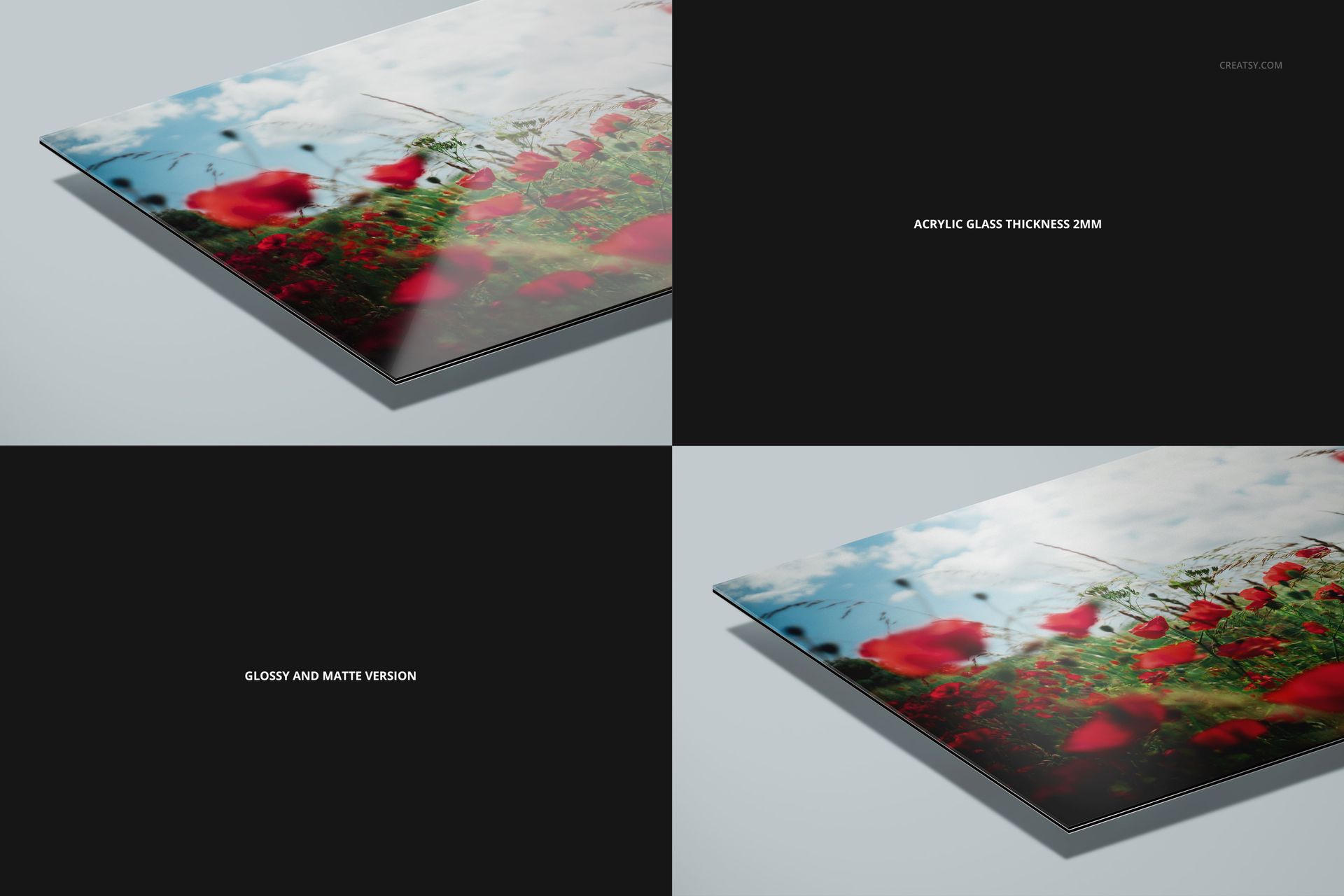 Mockup of acrylic glass print with red flowers, showing 2mm thickness and matte finish on dibond aluminum backing.
