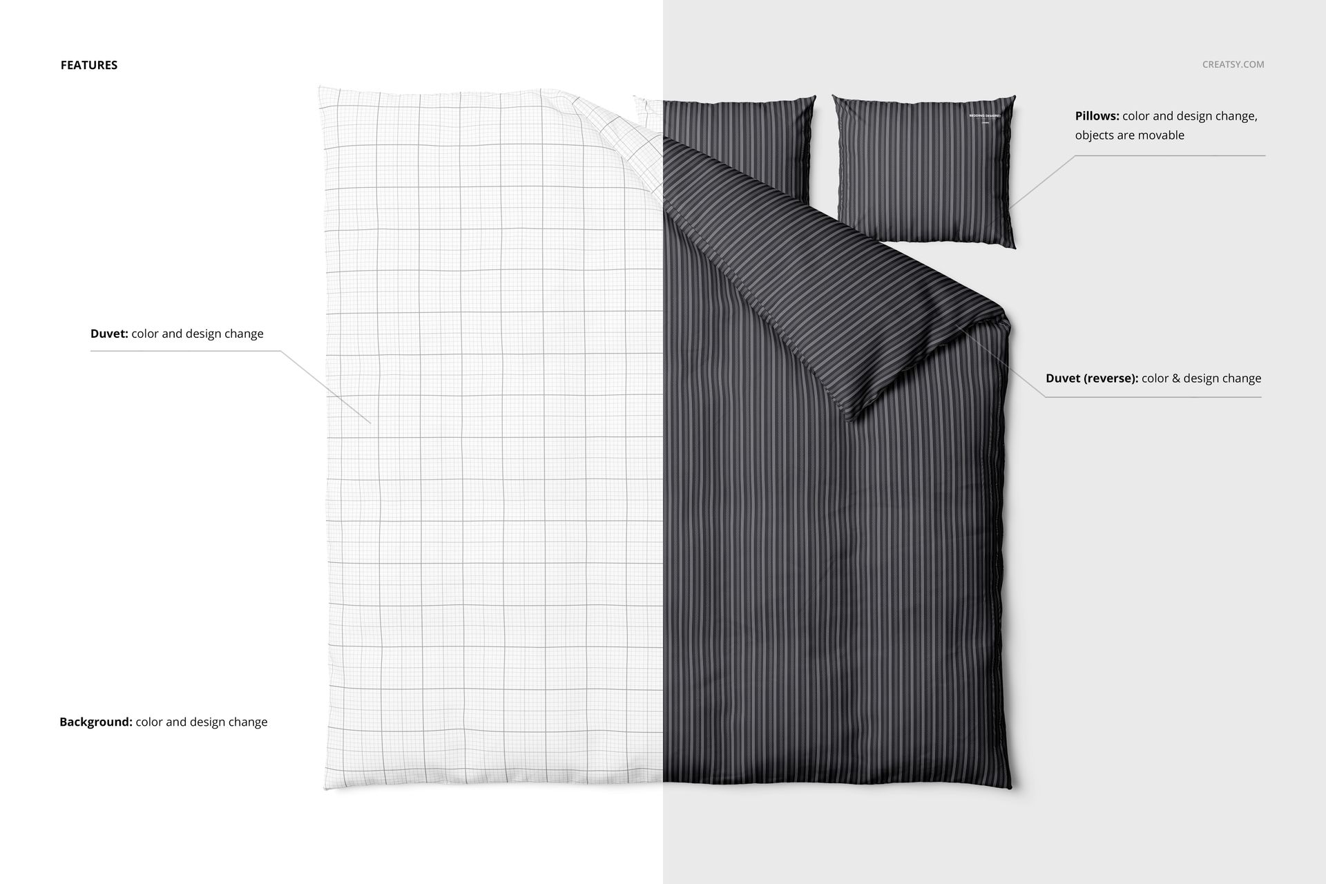 Front view of a bedding set mockup showing a duvet and two pillows, split into grid and striped patterns on a white background.