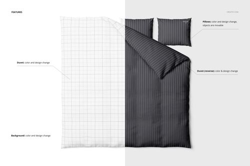 Front view of a bedding set mockup showing a duvet and two pillows, split into grid and striped patterns on a white background.