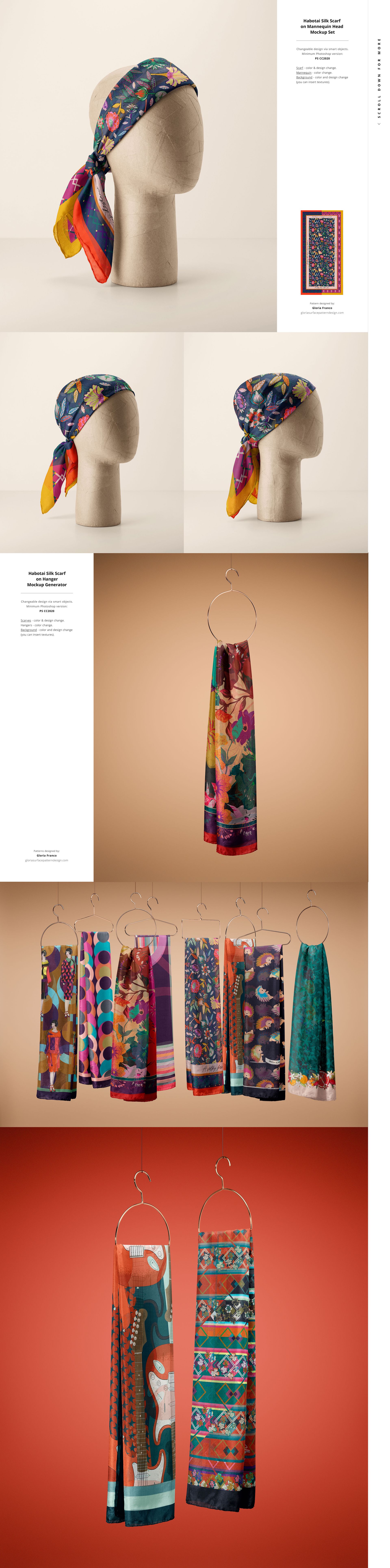 Colorful habotai silk scarf mockup displayed on a mannequin head, hanging on a hanger, and arranged in sets.