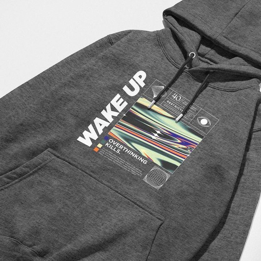 Hoodie mockup featuring a dark gray adult sweatshirt with a colorful abstract graphic and bold text on the chest area.