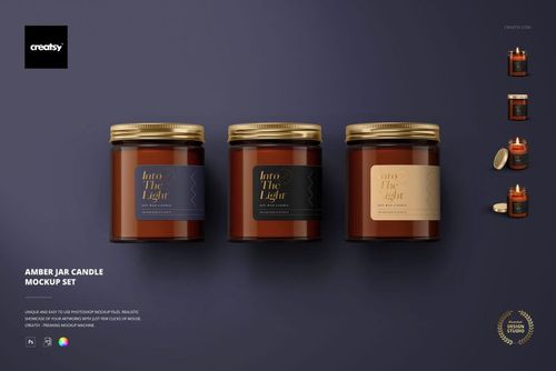 Amber jar candle PSD mockup featuring three jars with gold lids and different label designs, arranged in a row.