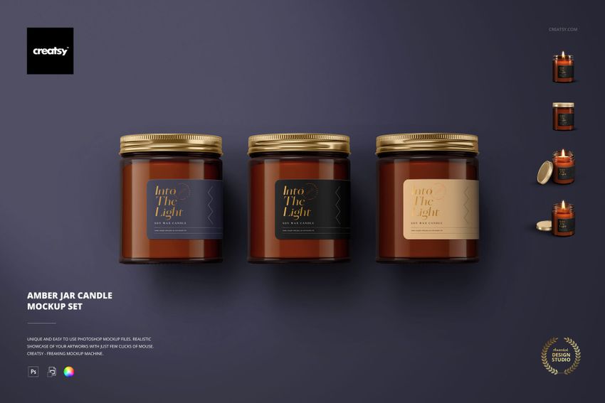 Amber jar candle PSD mockup featuring three jars with gold lids and different label designs, arranged in a row.