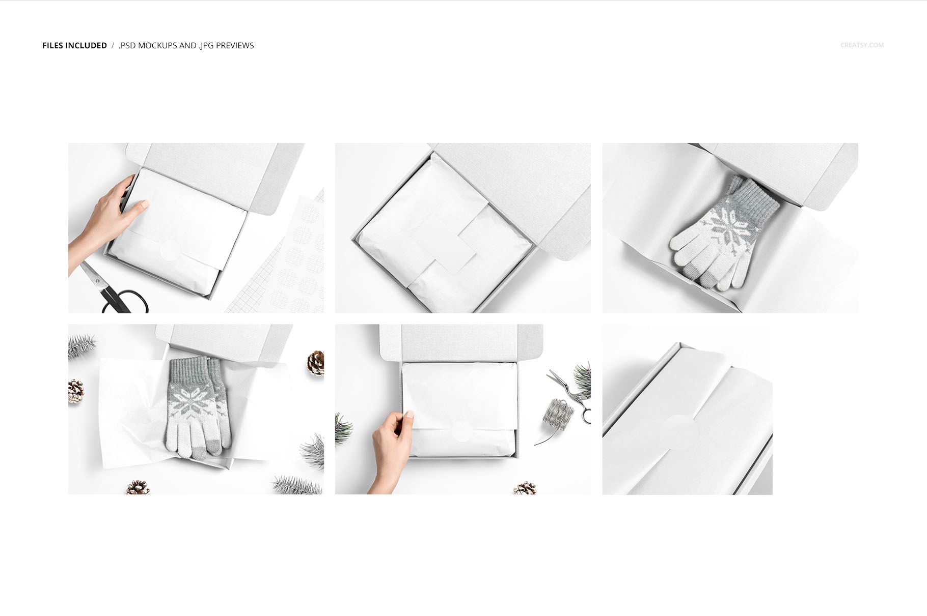 Mailer box packaging mockup featuring white tissue paper inside, displayed in multiple perspectives and arrangements.