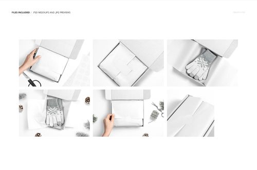Mailer box packaging mockup featuring white tissue paper inside, displayed in multiple perspectives and arrangements.