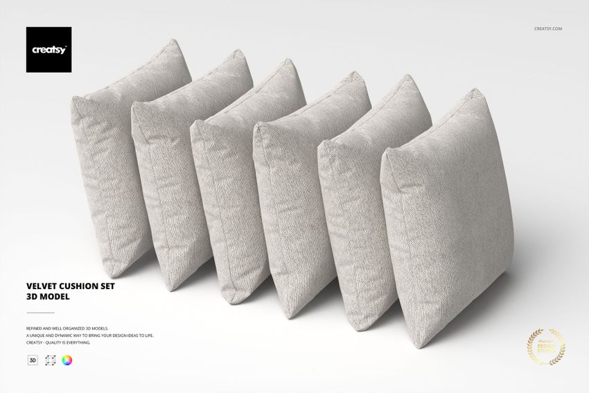 Front angled view of five light gray velvet cushions arranged in a row on a plain white background.
