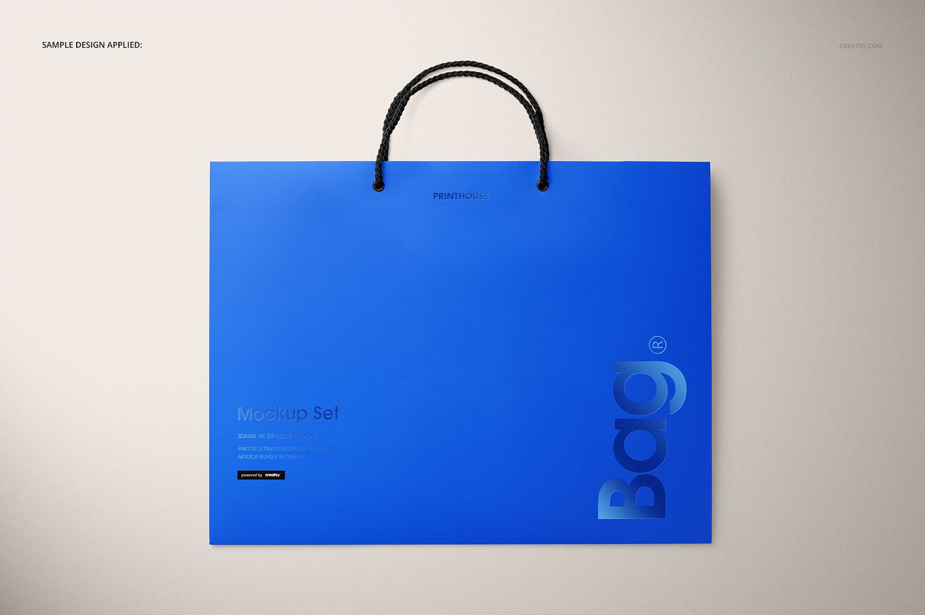 Eurotote bag mockup shown from the front, featuring a vivid blue color and black twisted handles on a neutral surface.