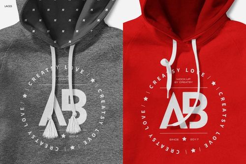 Front view of two women’s hoodies mockup, one in gray melange with tassel drawstrings and one in red, both with white printed graphics.