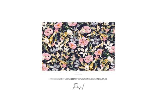 Floral patterned jersey fabric mockup displaying pink and yellow flowers against a dark, contrasting backdrop.