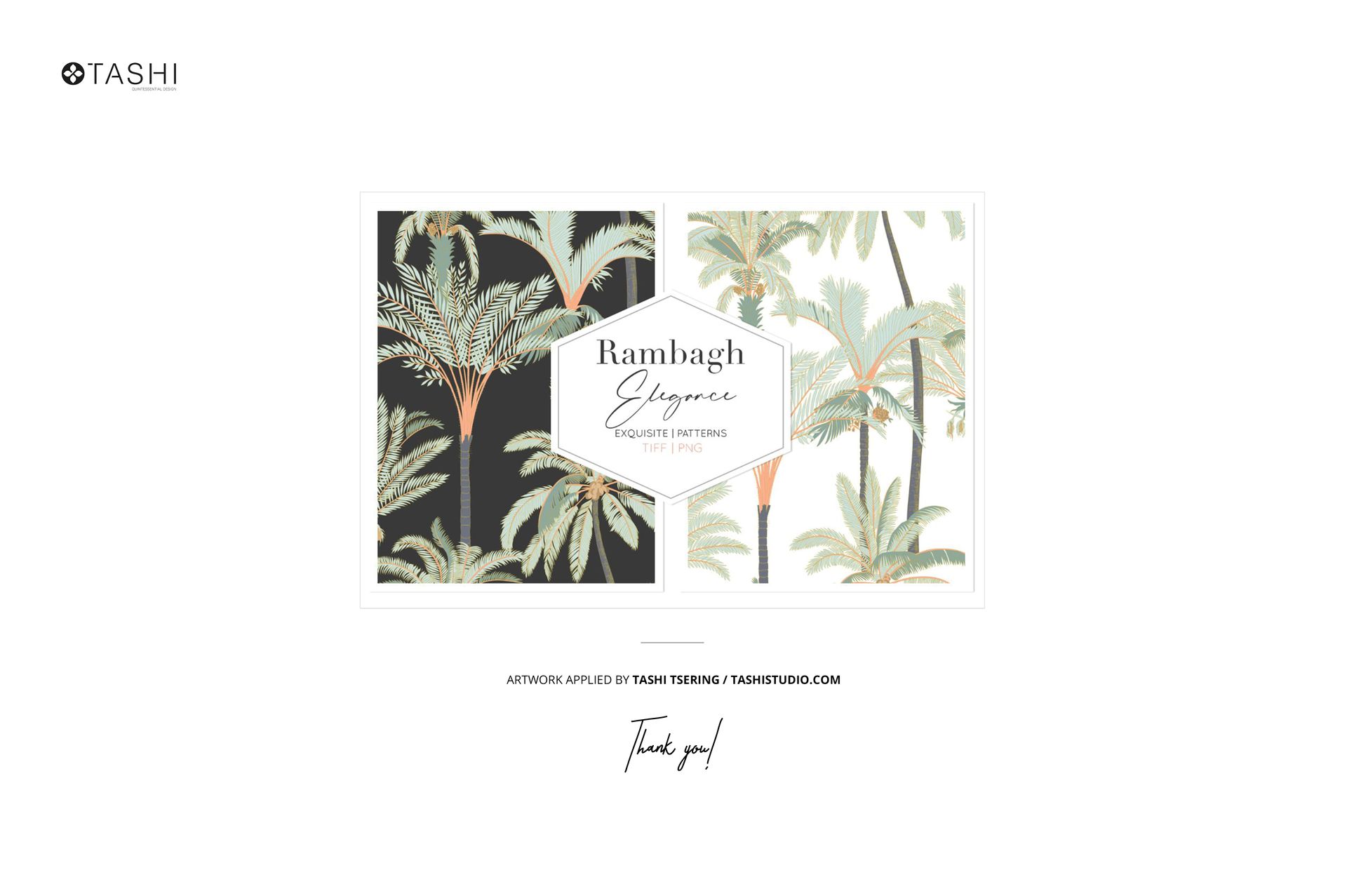 Paper tableware set mockup featuring tropical palm leaf patterns, shown in both dark and light color backgrounds, front view.