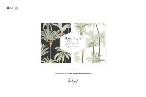 Paper tableware set mockup featuring tropical palm leaf patterns, shown in both dark and light color backgrounds, front view.