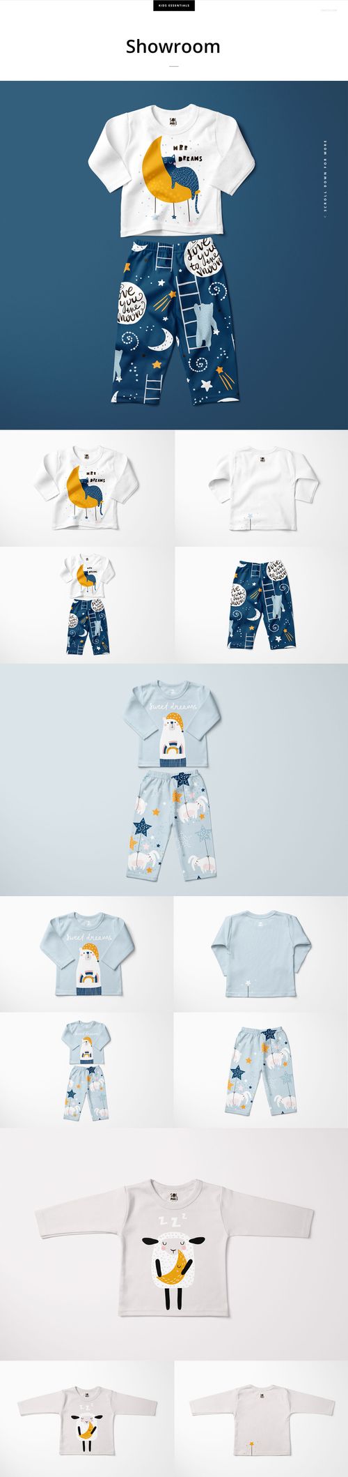 Baby long sleeve pyjama set mockup featuring a front view of a shirt and pants with playful animal and moon patterns.