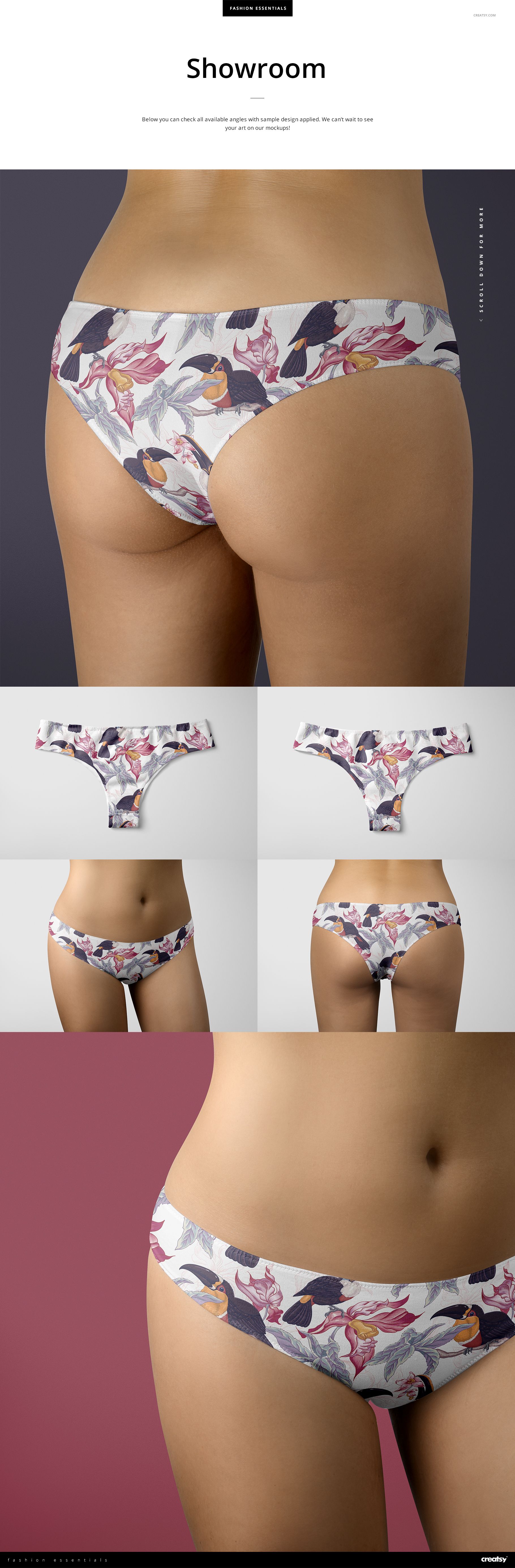 Mockup set of women's panties displaying a vibrant multicolor design, including flat lay and worn model views.